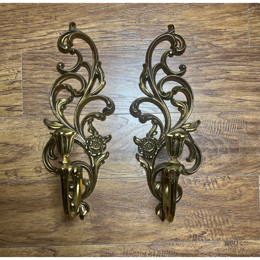 Gold Vintage Candle Wall Sconces Pair Syroco Grandmillenial Traditional Decor